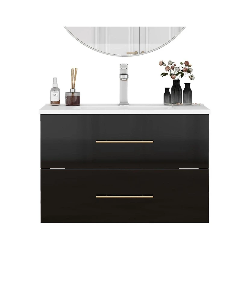 Sillysis Wall Mounted Bathroom Vanity with Ceramic Sink, Double Drawers