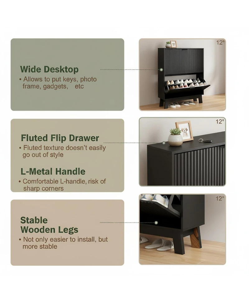 Yigii Fluted Shoe Cabinet 4 Flip Drawers Slim Entryway Storage Organizer