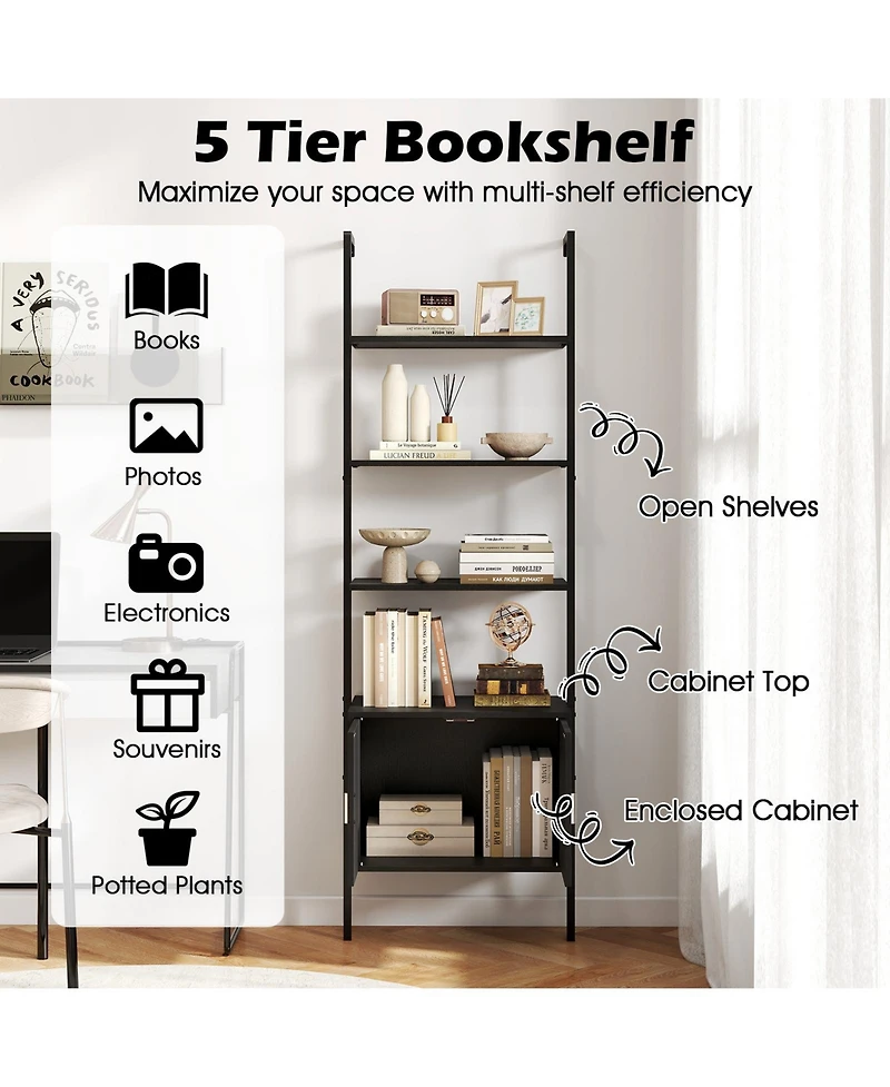 Gymax 2 Piece 72.5 Inch Tall Bookshelf 5 Tier Wall Mount Ladder Bookcase with Cabinet