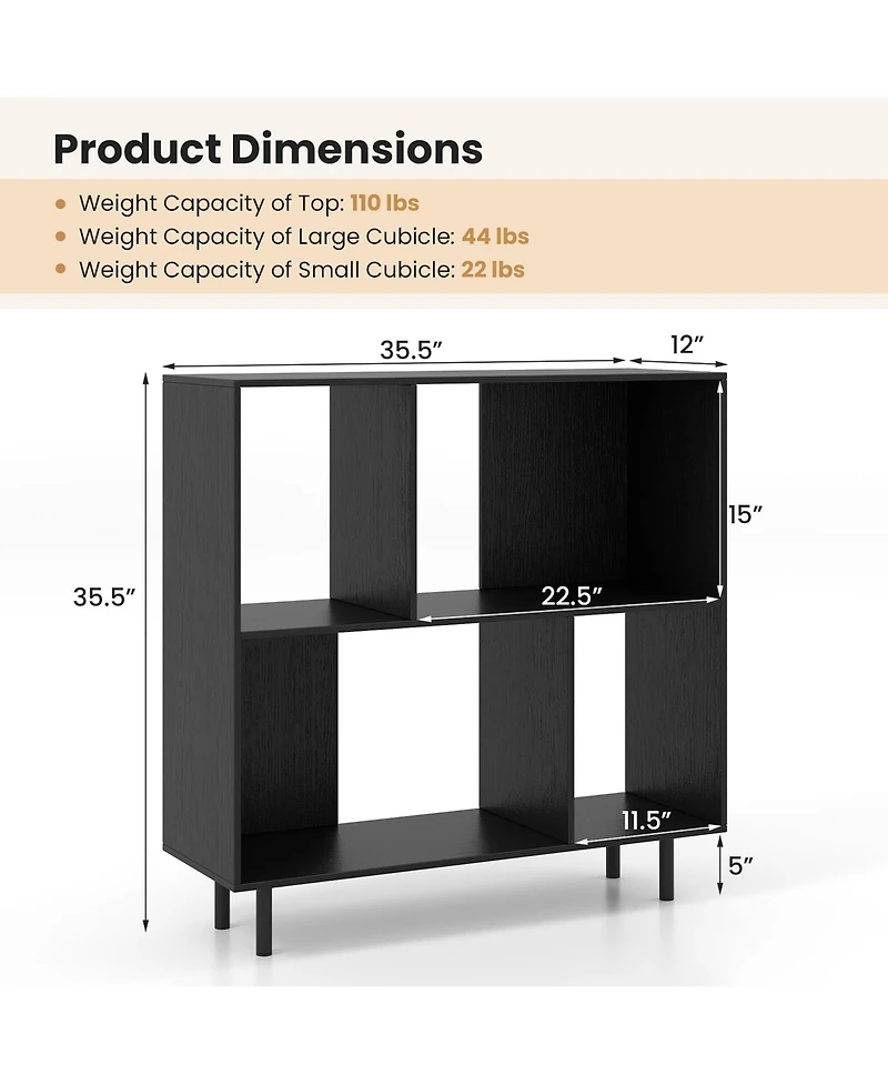Gymax 2 Piece 4 Cubby Open Bookcase 3 Tier Freestanding Bookshelf with Detachable Metal Legs