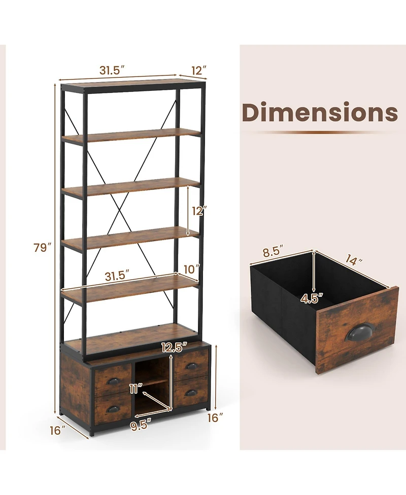 Gymax 2 Pieces 8 tier Bookshelf 79 Inch Freestanding Bookcase with 4 Fabric Drawers and Storage