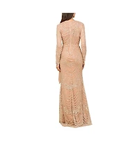 Lara Women's Beaded Long Sleeve Gown with Tulle Applique