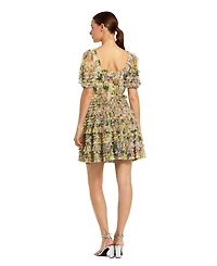 Mac Duggal Women's Floral Mesh Puff Sleeve Ruffle Mini Dress