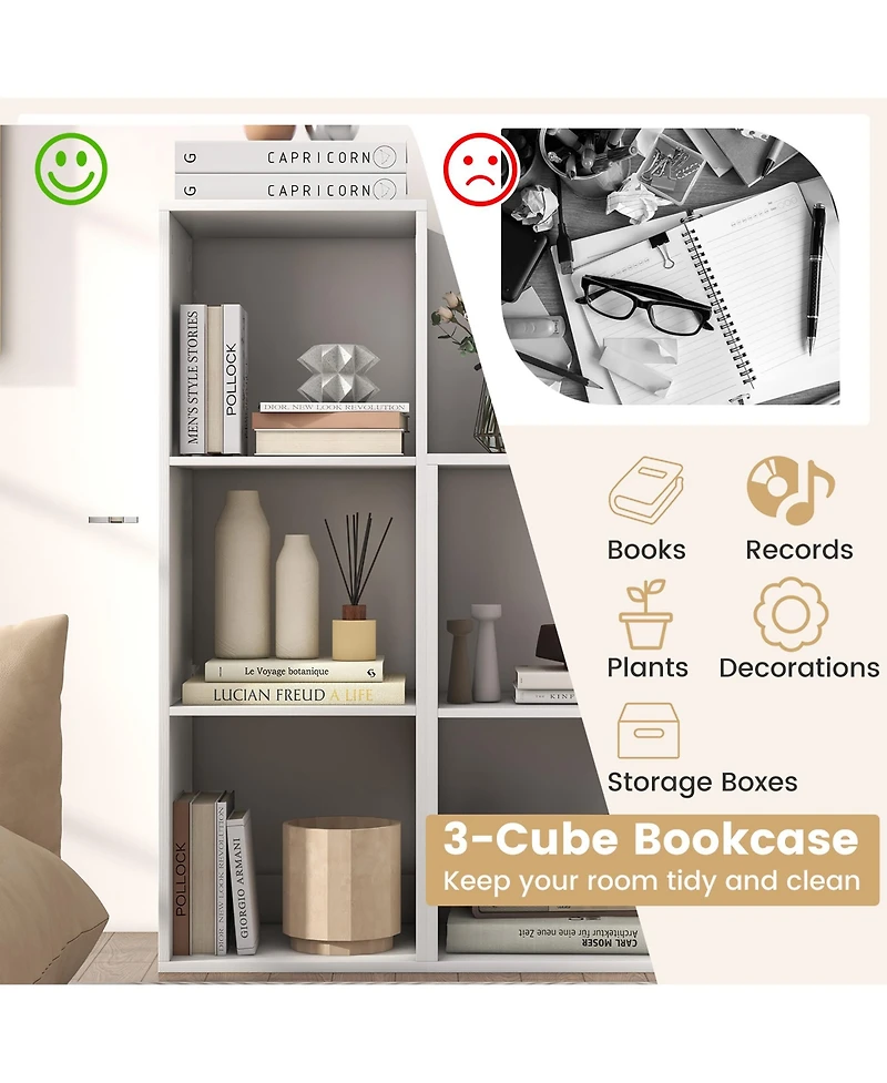 Gymax 3 Cube Bookshelf Modern Vertical Bookcase with Back Guardrail and Anti Tipping Kits