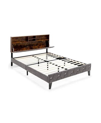 Gouun Full Size Velvet Upholstered Bed Frame with Multi-Compartment Storage Headboard