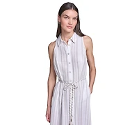 Karl Lagerfeld Paris Women's Striped Linen Midi with Rope Belt Shirtdress