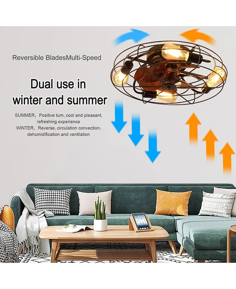 Clihome 20' inch Caged Ceiling Fan With Light, Low Profile Ceiling Fan With Remote Control
