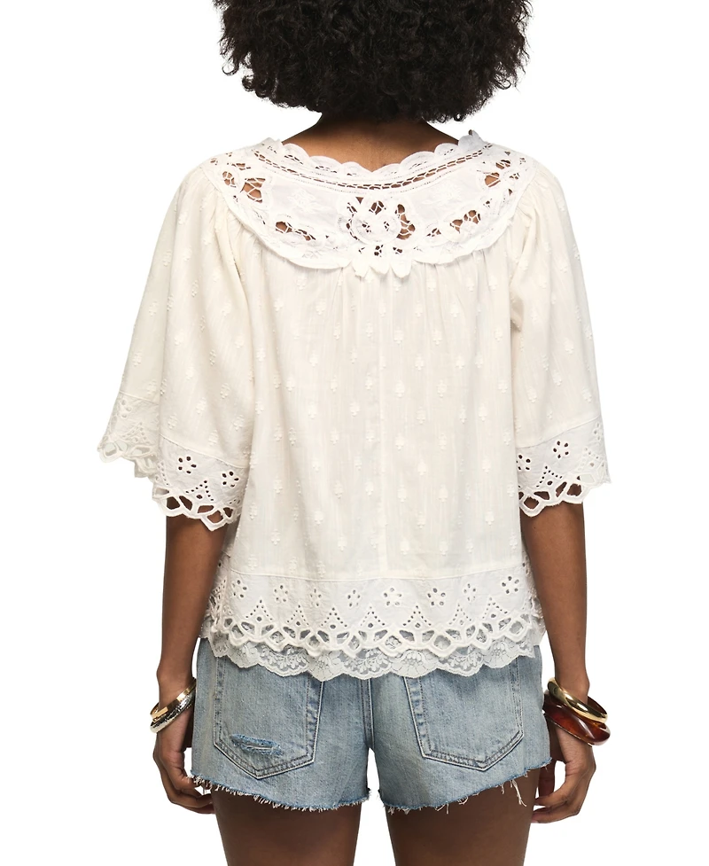 Lucky Brand Women's Notch Neck Lace Detail Top