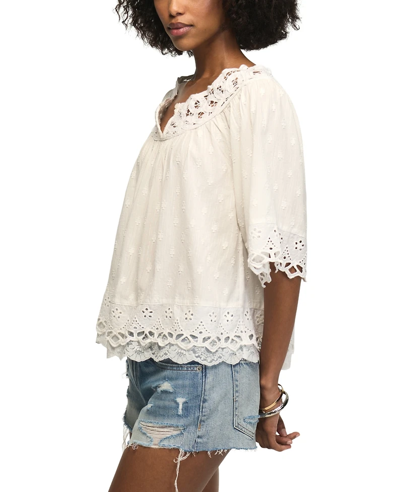 Lucky Brand Women's Notch Neck Lace Detail Top