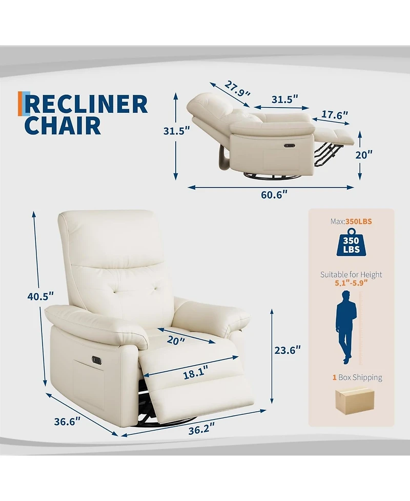 gaomon Power Recliner Chair, Usb Charging Port, Pu Leather Upholstered Fabric and Button Tufted Backrest