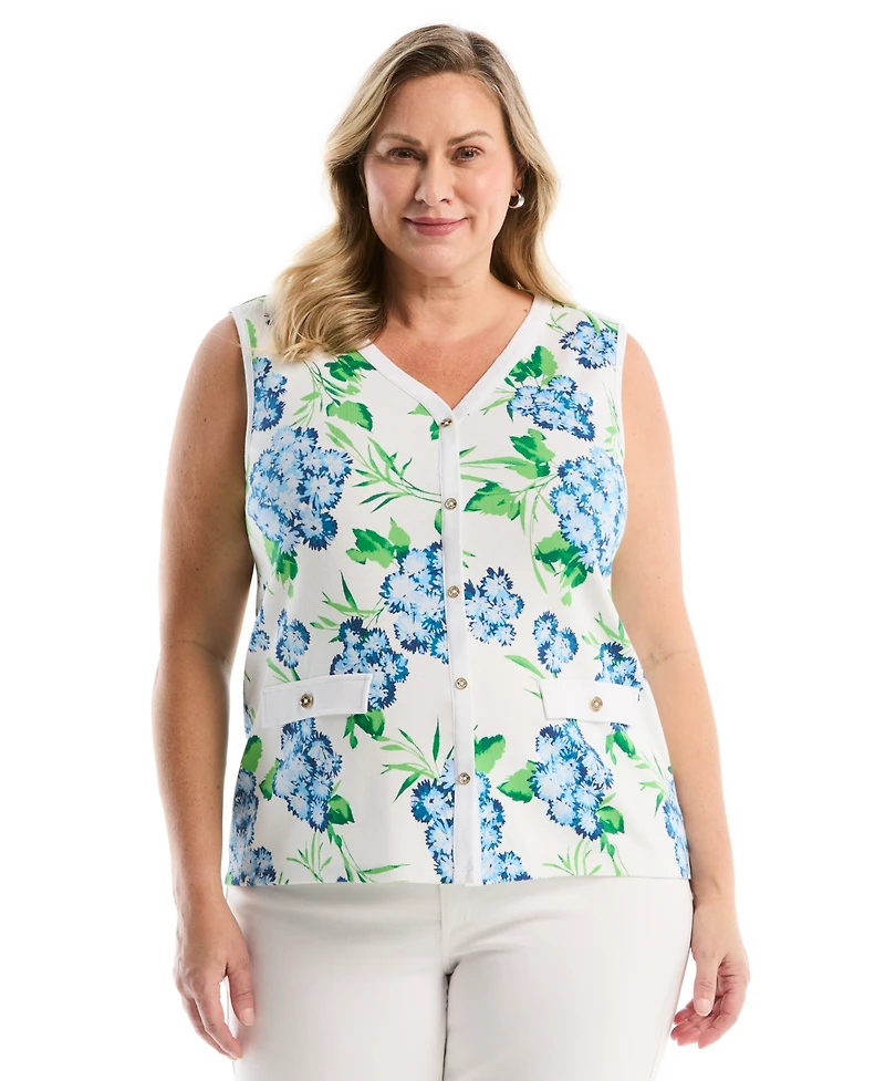 Rafaella Plus Pom Floral Print Button Front Sleeveless Tank Top