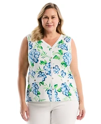 Rafaella Plus Pom Floral Print Button Front Sleeveless Tank Top