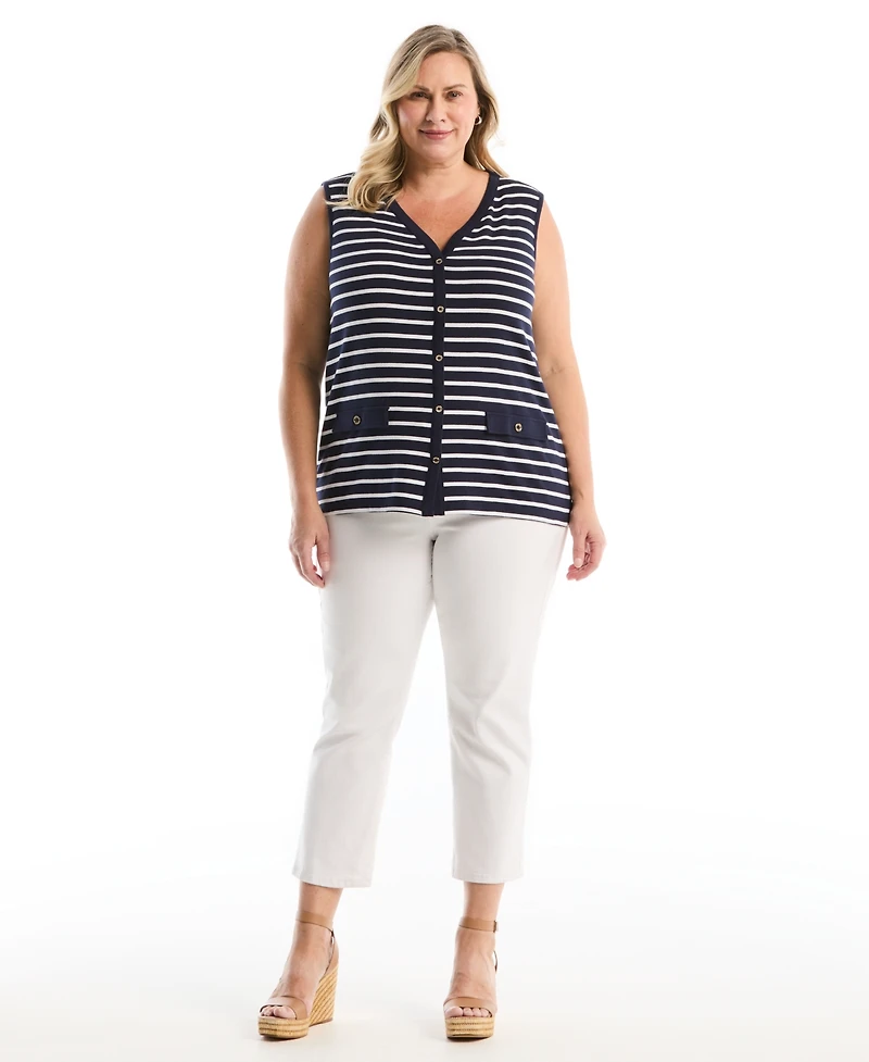 Rafaella Plus Striped Button Front Sleeveless Tank Top