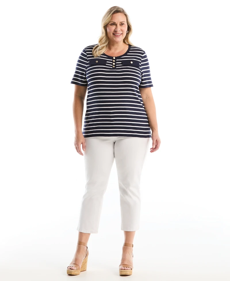 Rafaella Plus SizeStriped Welt Pocket Button Detail Short Sleeve Top