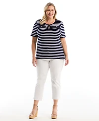 Rafaella Plus SizeStriped Welt Pocket Button Detail Short Sleeve Top