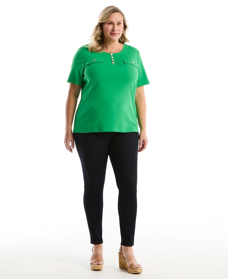 Rafaella Plus Welt Pocket Button Detail Short Sleeve Top
