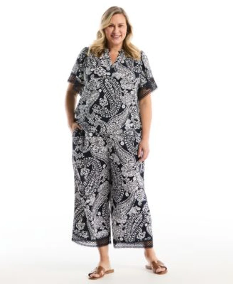 Rafaella Plus Size Paisley Print Flutter Lace Short Sleeve Blouse Crochet Trim Pant