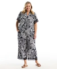 Rafaella Plus Size Paisley Print Flutter Lace Short Sleeve Blouse Crochet Trim Pant