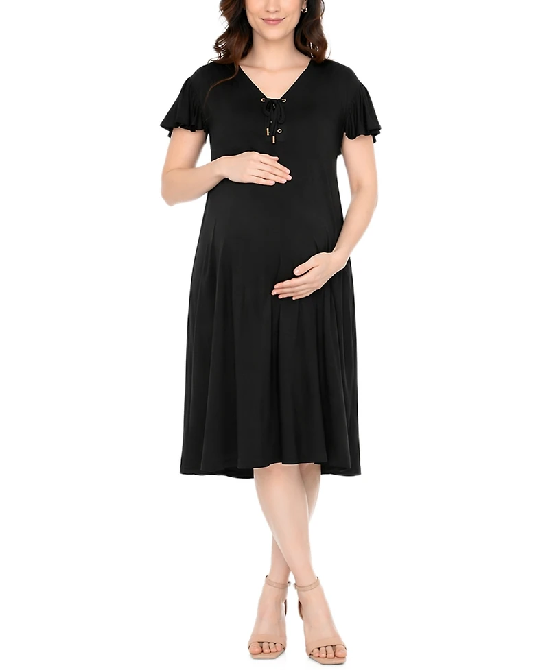 White Mark Women's Flutter-Sleeve Tie-Neck Maternity Dress