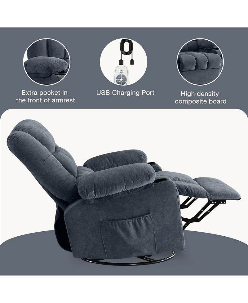 Clihome Massage Swivel Rocker Recliner Chair and Heat Ergonomic Lounge for Living Room with Rocking Function Side Pocket