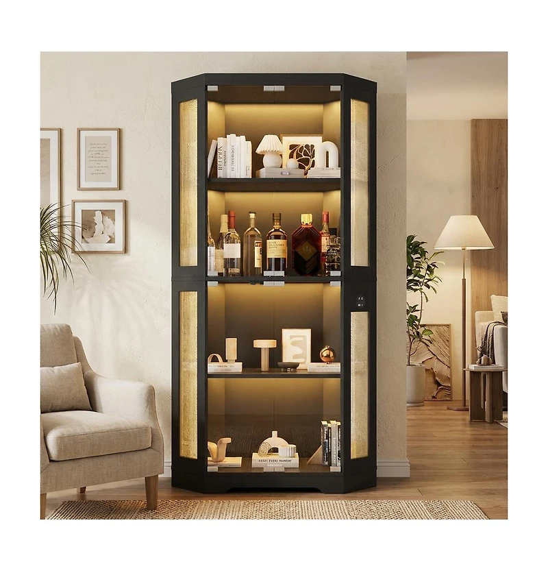 homfan Hexagon Corner Display Cabinet with Tempered Glass Doors, Motion Sensor Led Lighting and Built-In Usb/Usb-c Charging Ports