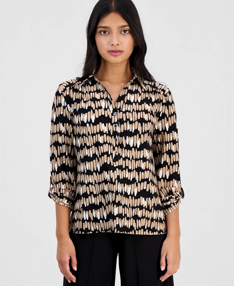 Anne Klein Essentials Petite Printed Collared 3/4-Sleeve Top