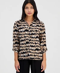 Anne Klein Essentials Petite Printed Collared 3/4-Sleeve Top