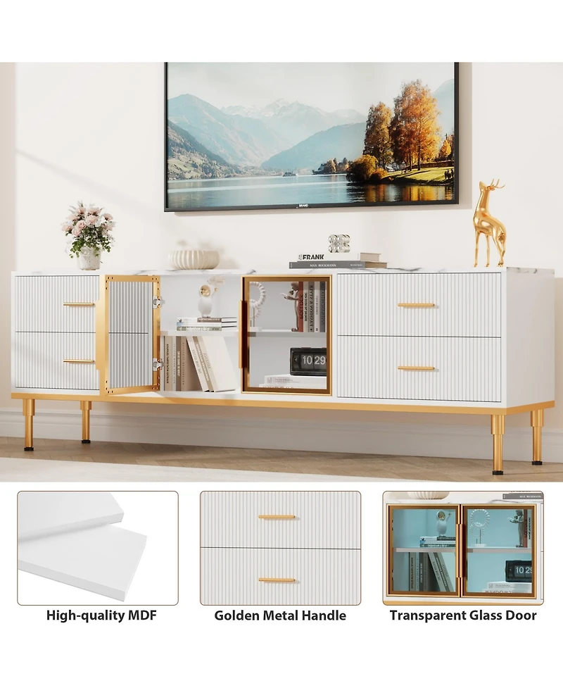 homfan Contemporary Fluted Tv Stand with Adjustable Led Lighting, Drawers and Open Shelves, Reinforced Engineered Wood Metal Legs