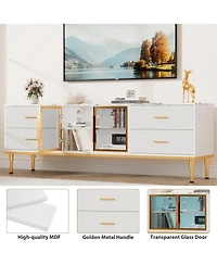 homfan Contemporary Fluted Tv Stand with Adjustable Led Lighting, Drawers and Open Shelves, Reinforced Engineered Wood Metal Legs