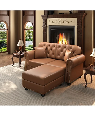 Maison Boucle 63'' Faux Leather Loveseat and Ottoman Set, Tufted Nailhead, Wood Frame