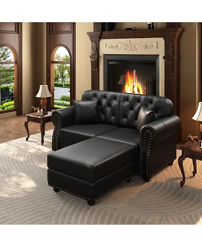 Maison Boucle 63'' Faux Leather Loveseat and Ottoman Set, Tufted Nailhead, Wood Frame