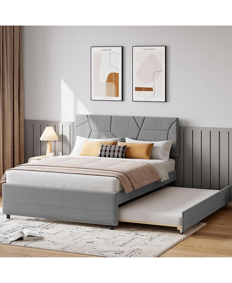gaomon Bed Frame with Trundle, Upholstered Platform Bed Frame with Headboard, Trundle Bed Twin, Wood Slat Support, for Bedroom, Living Room