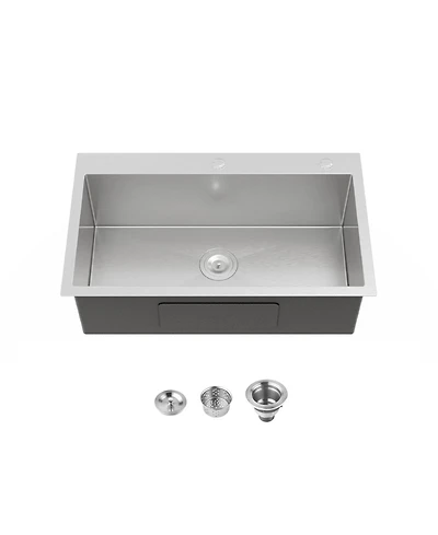 Busdays 32 x 19 Inch Stainless Steel Kitchen Sink Single Bowl Overmount Handmade Brushed Nickel with Us Standard Drain and Hook