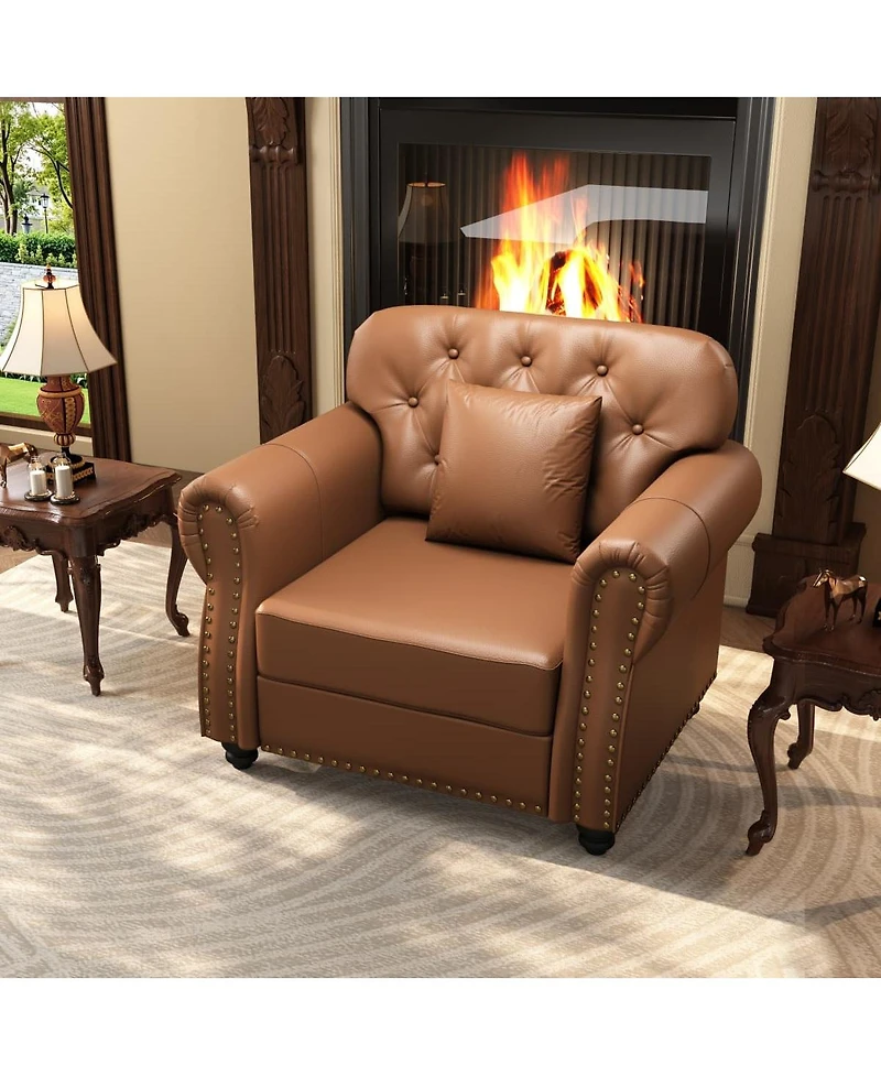 Maison Boucle 41.3'' Faux Leather Sofa Chair and Ottoman Set 2PC, Nailhead Tufted