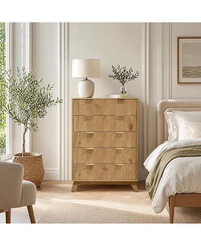 homfan Modern Fluted Drawer Storage Cabinet with Smooth-Glide Drawers and Wide Top, Metal Handles, Sturdy Wood Legs, Anti-Tip Ready, Easy Assembly