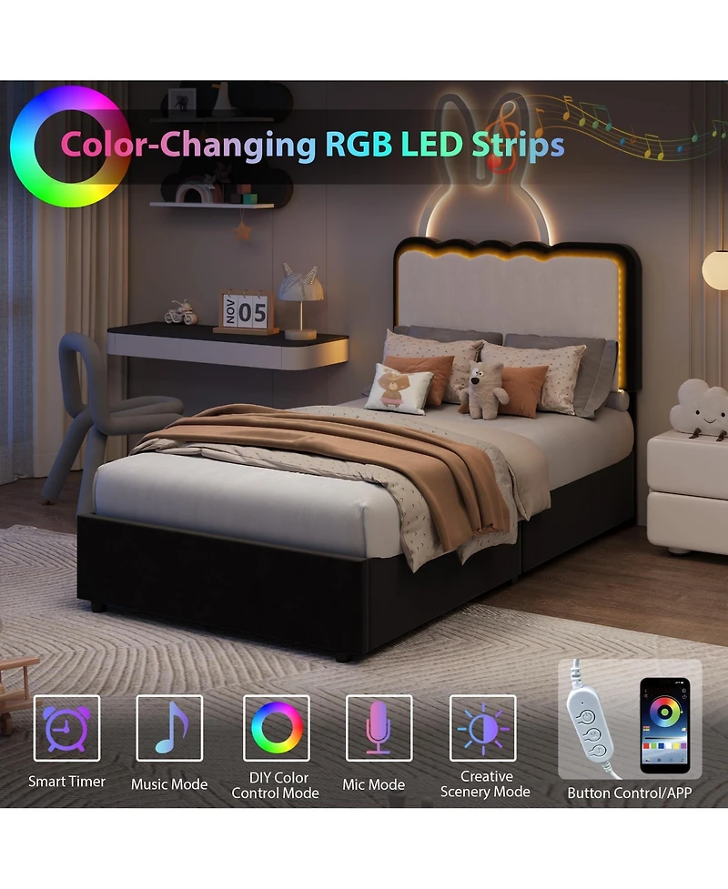 Gaomon Upholstered Bed Frame with Led Lights, Adjustable High Headboard, Large Storage Drawer, No Box Spring Required, Noise-Free