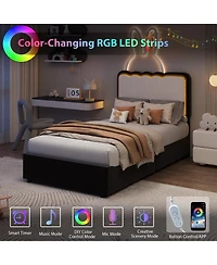 Gaomon Upholstered Bed Frame with Led Lights, Adjustable High Headboard, Large Storage Drawer, No Box Spring Required, Noise-Free