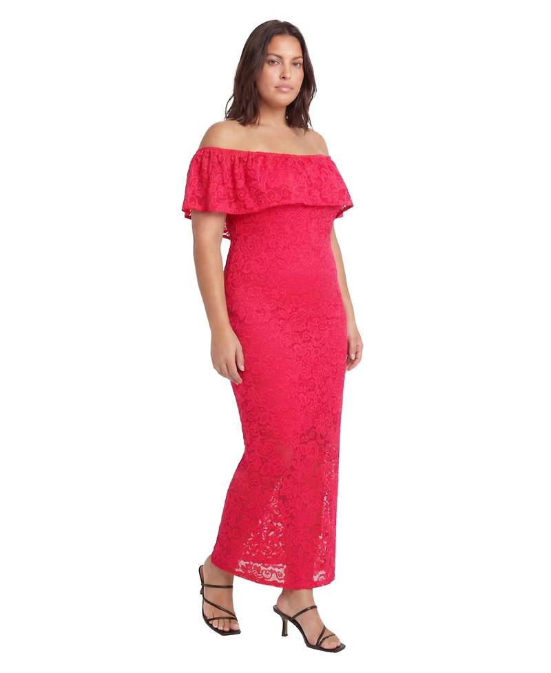 24seven Comfort Apparel Plus Elevate Curvy Lace Off-the-Shoulder Side Slit Bodycon Maxi Dress