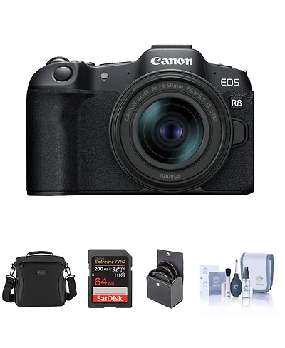 Canon Eos R8 Mirrorless Camera with Rf 24-50mm f4.5-6.3 Is Stm Lens, 64GB Sd Card, Shoulder Bag, 58mm Filter Kit, Cleaning Kit