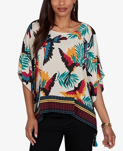 Ruby Rd. Petite Paradise Birds Printed Crepe Blouse