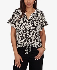 Ruby Rd. Petite Mono Floral Button Tie-Front Blouse