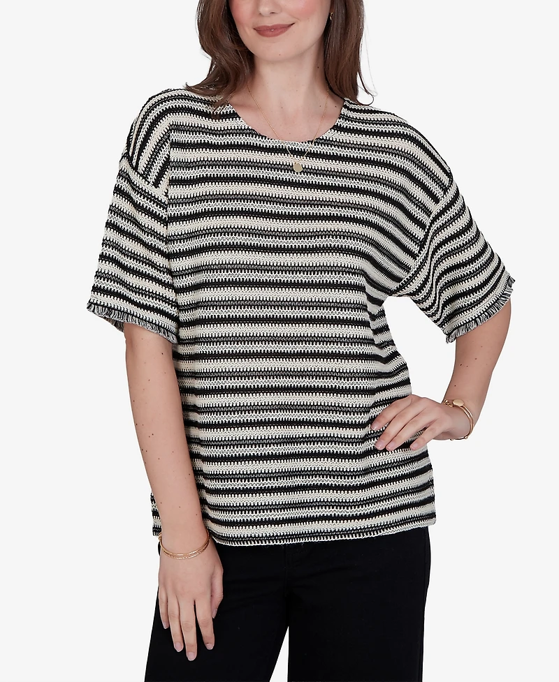Ruby Rd. Petite Textured Stripe Fringe Sleeve T-Shirt