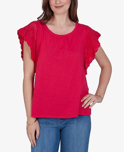 Ruby Rd. Petite Crochet Sleeve Solid Cotton Blouse
