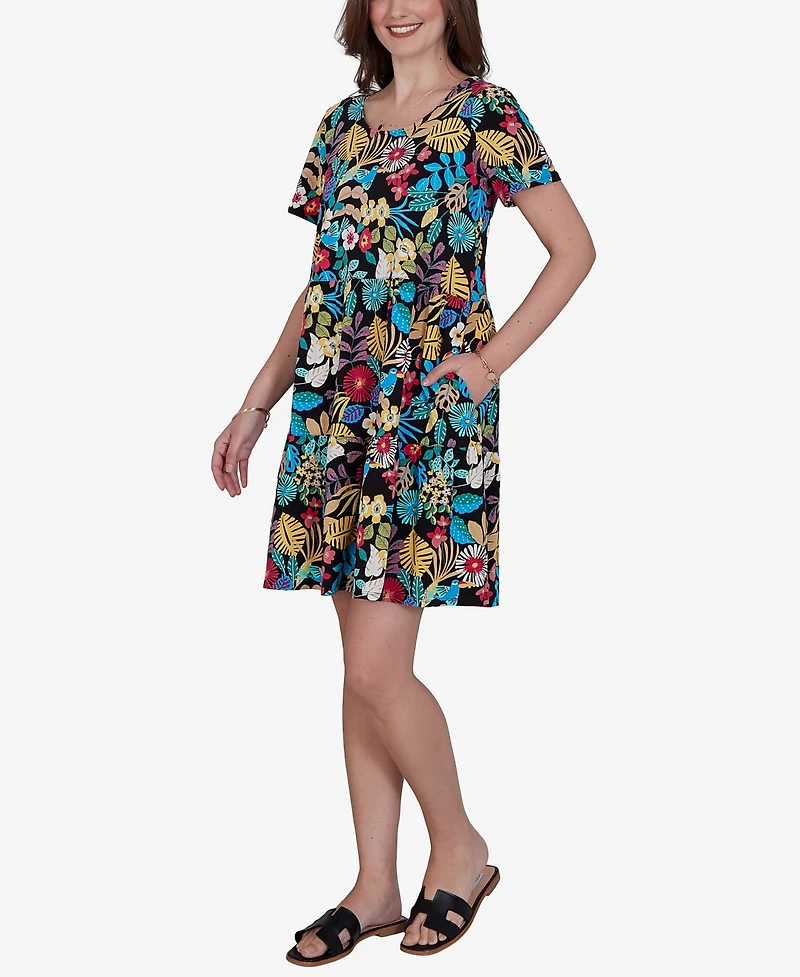Ruby Rd. Petite Tropical Print Tiered Cotton Knit Pocket Dress