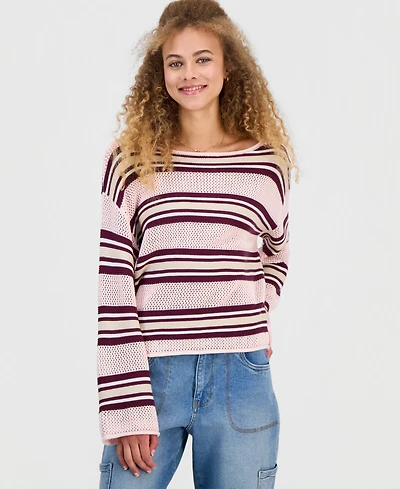 Hooked Up by Iot Juniors' Striped Open-Knit Bell-Sleeve Sweater