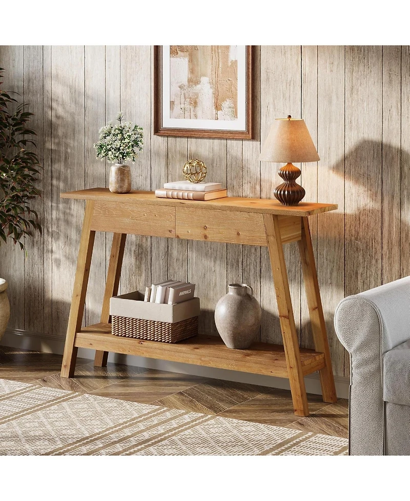 Tribesigns Solid Wood Console Table, 43.31" Entryway Table with 2 Drawers, 2-Tier Wood Sofa Console with Storage