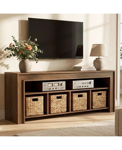 Tribesigns Tv Stand Tvs, Farmhouse Entertainment Center with Storage, Wooden TV Console with 4 Woven Baskets and Open Shelf