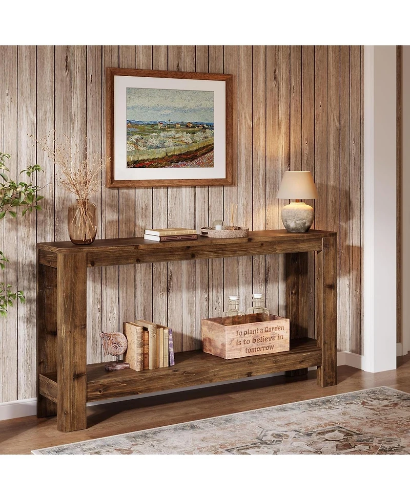 Tribesigns Solid Wood Console Table for Entryway, 63" Farmhouse Slim Sofa Table with 2-Tier Storage Shelf, Rustic Modern Narrow Hall Entry Furniture