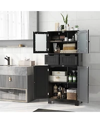 sumyeg 4-Door Freestanding Bathroom Floor Storage Cabinet with Drawers and Glass Doors