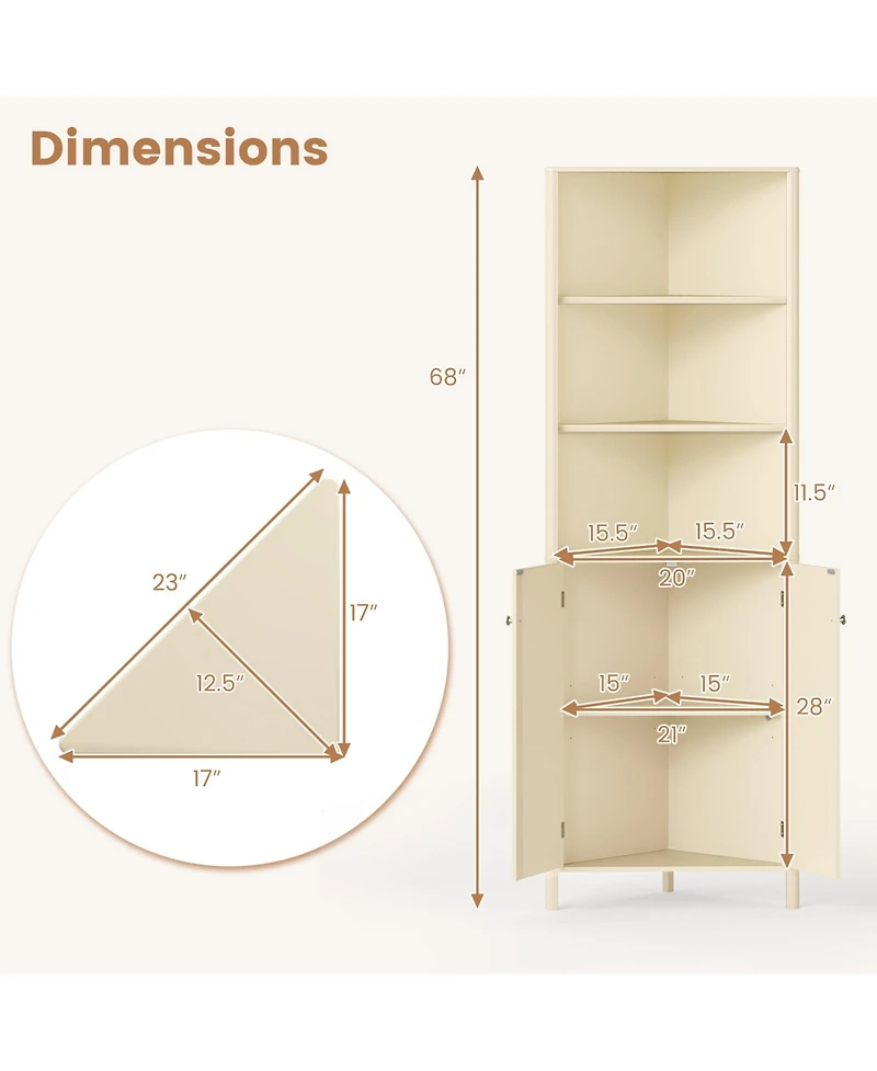 sumyeg 68 Inch Tall Corner Bathroom Storage Cabinet with Shelves and Fluted Doors
